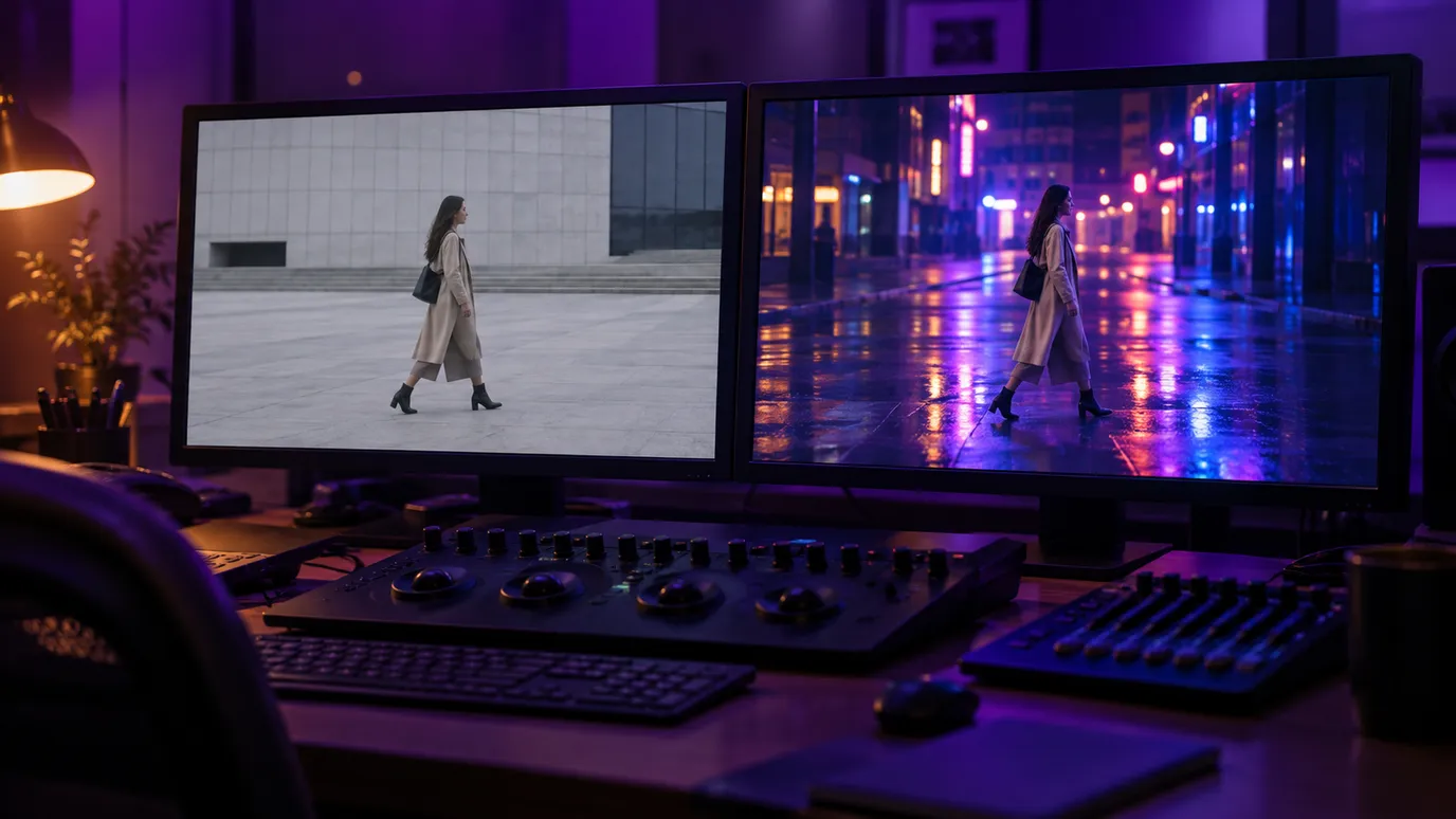 One walk shown twice on two grading monitors, the same stride in a daylight plaza and on a neon street at night