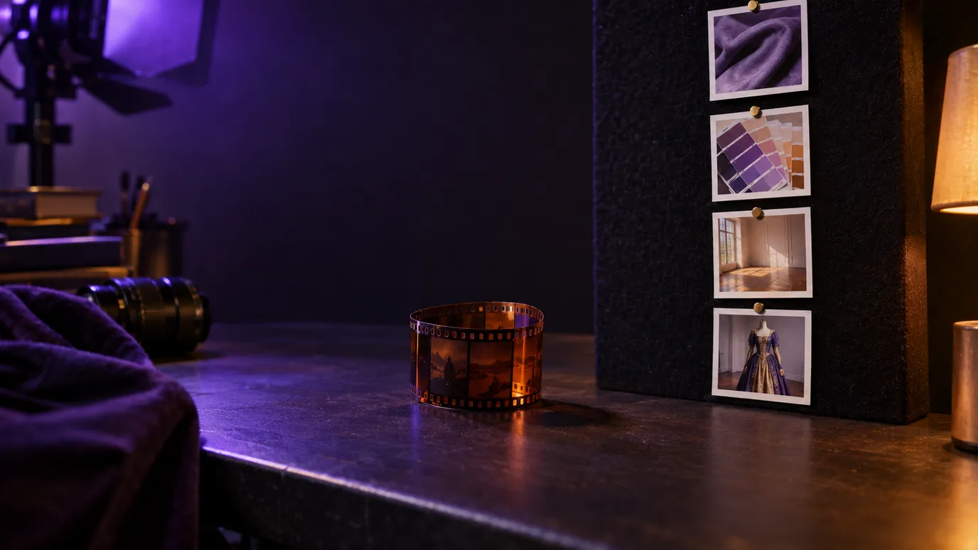 One curled strip of film on a studio bench beside four pinned reference prints: fabric, a colour palette, a room and a costume
