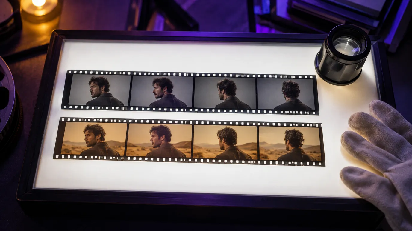 Two strips of film on a light table showing the same four frames of a man turning his head, one in a grey studio look and one in a warm desert look