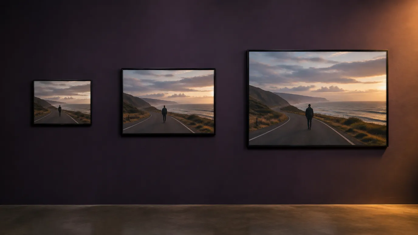 The same photograph framed and hung at three different sizes on a gallery wall